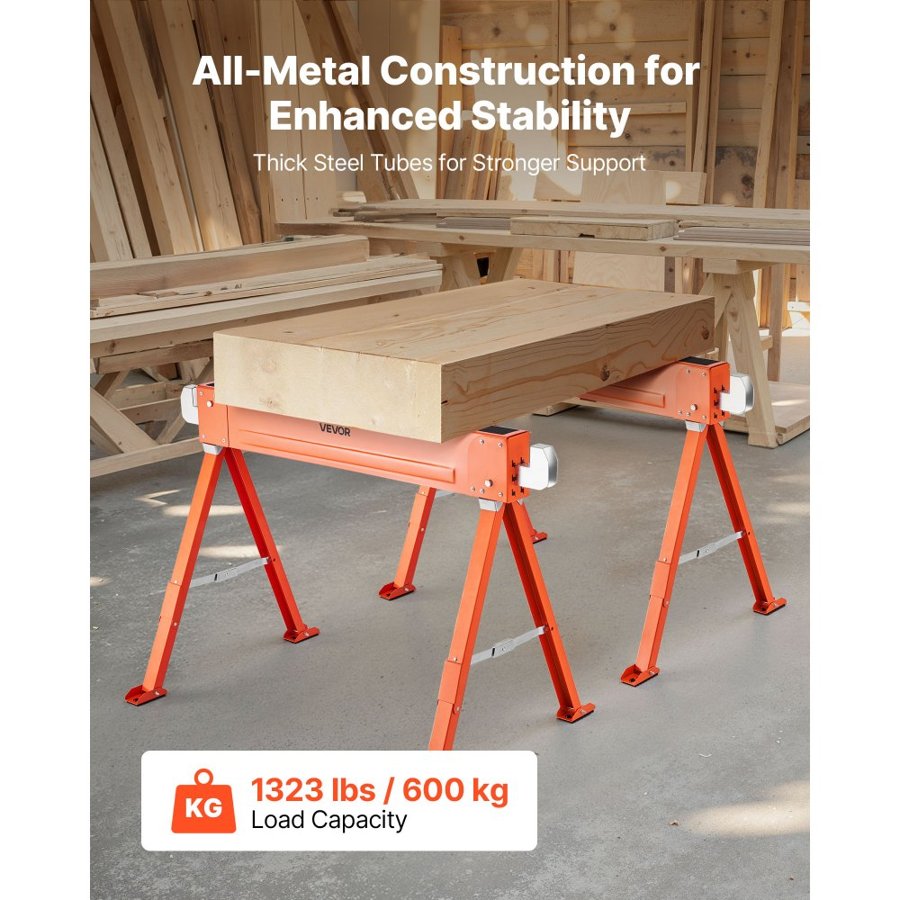 VEVOR Saw Horses, 2 Pack Folding Work Horses, 600.1 kg Load Capacity Sawhorse with Heavy Duty Legs, All-Metal Portable Saw Horse with Non-Slip Foot Pads, for Woodworking, Carpenters & Contractors