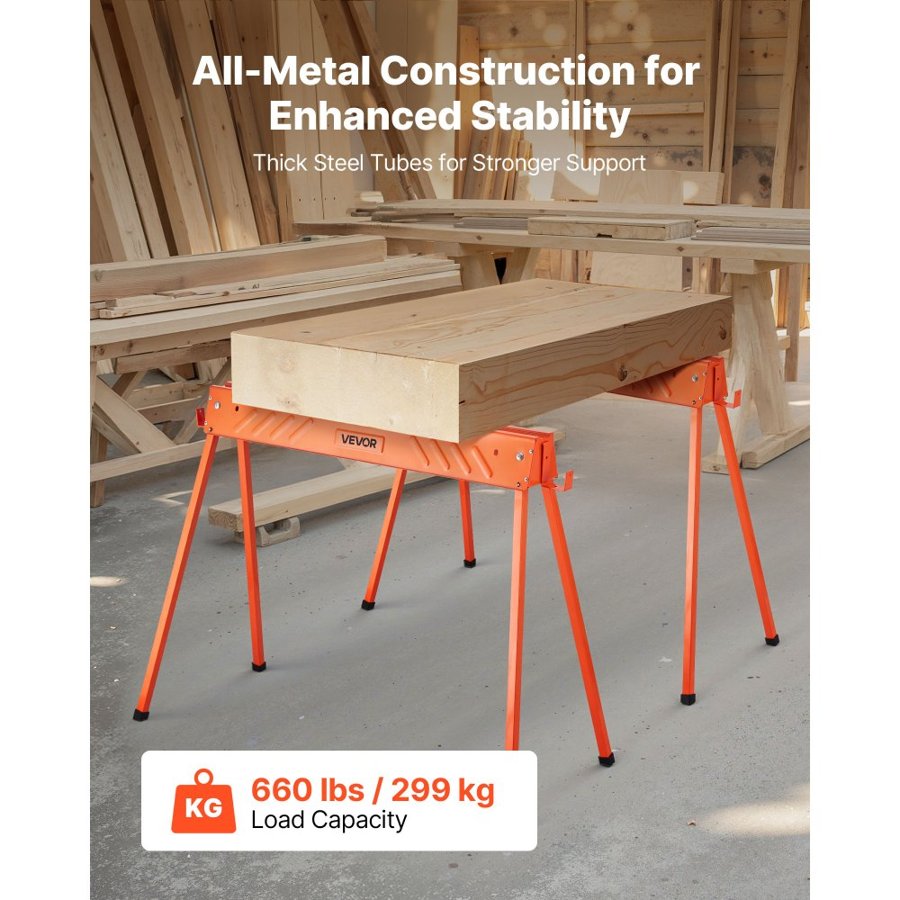 VEVOR Saw Horses 2 Pack Folding Work Horses 660 lbs Load Capacity Sawhorse, for Woodworking, Carpenters & Contractors, All-Metal Structure, Foldable & Portable with Heavy Duty Legs, Non-Slip Foot Pads