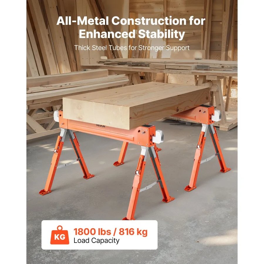 VEVOR Saw Horses, 2 Pack Folding Work Horses, 816.5 kg Load Capacity Sawhorse with Heavy Duty Legs, Adjustable Height Saw Horse with Non-Slip Foot Pads, for Woodworking, Carpenters and Contractors