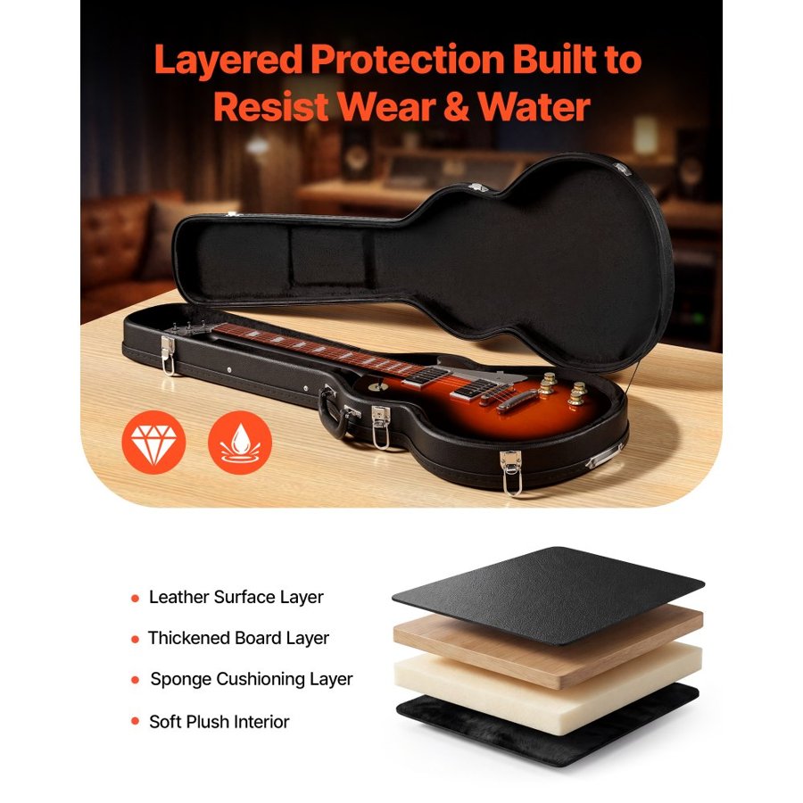 VEVOR Electric Guitar Hard Case, 1080 MM, Wooden Hard-Shell Protective Carrying Case with Lock Latch, Sponge Lining, Keys, Accessory Compartment, Water-Resistant, for 991 MM Les Paul Guitars, Black