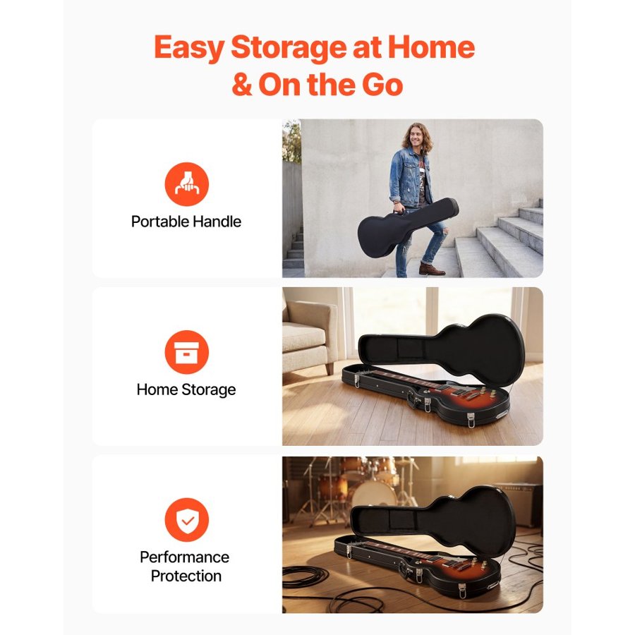 VEVOR Electric Guitar Hard Case, 1080 MM, Wooden Hard-Shell Protective Carrying Case with Lock Latch, Sponge Lining, Keys, Accessory Compartment, Water-Resistant, for 991 MM Les Paul Guitars, Black