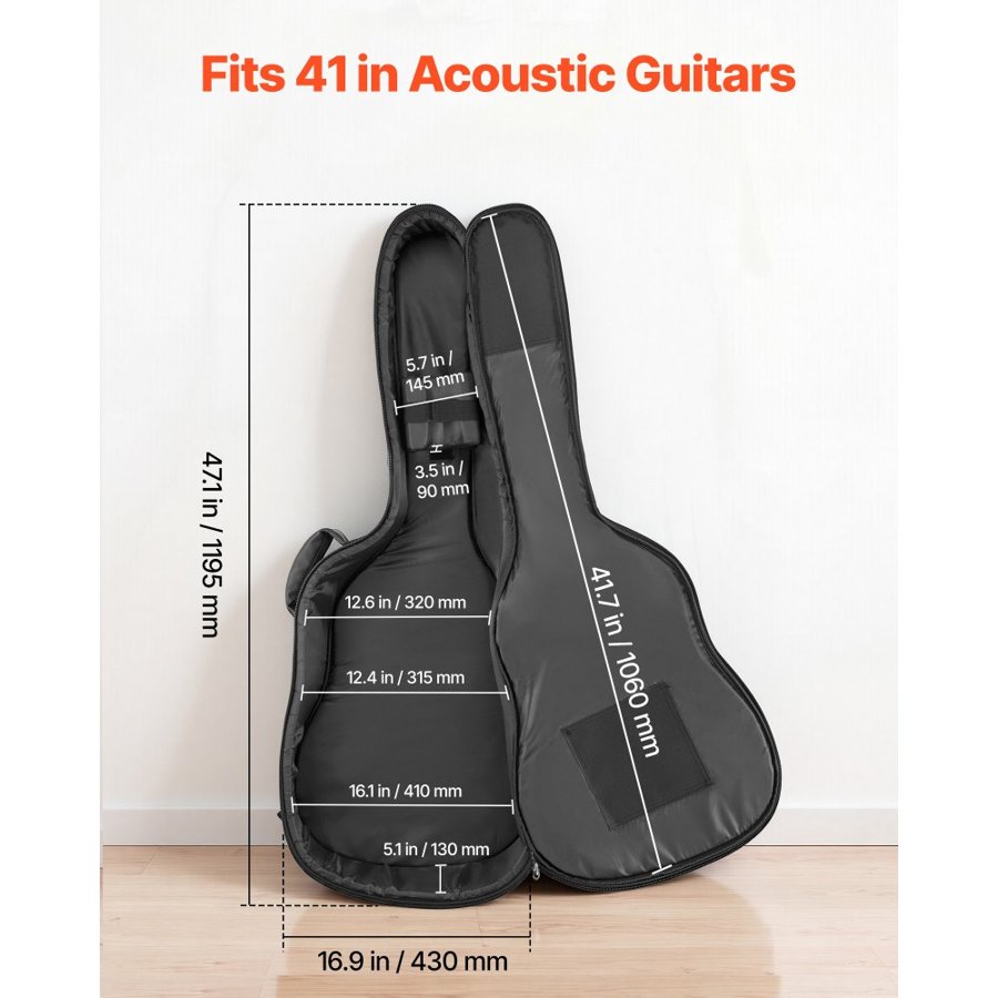 VEVOR Acoustic Guitar Case, 1195 MM, Hard-Shell Protective Travel Carrying Case with Accessory Compartment, Foam Padding, Portable Handle, Shoulder Straps, for 1041 MM Acoustic Guitars, Black