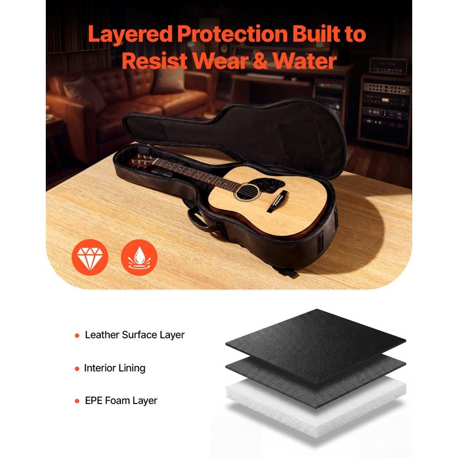 VEVOR Acoustic Guitar Case, 1195 MM, Hard-Shell Protective Travel Carrying Case with Accessory Compartment, Foam Padding, Portable Handle, Shoulder Straps, for 1041 MM Acoustic Guitars, Black