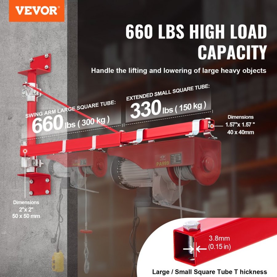 VEVOR Electric Hoist Support Arm, 300 kg Max Load Capacity, Electric Hoist Holder Swing Arm with Pole, Steel Hoist Frame, 180° Swivel Scaffold Hoist Lifting Arm, Winch Hoist Arm for Workshop, Garage