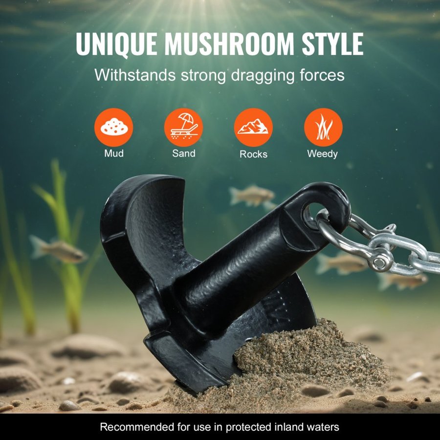 VEVOR River Anchor, 12 LBS Boat Anchor Cast Iron Black Vinyl-Coated with Shackle, Marine Grade Mushroom Anchor for Boats Up To 10 ft, Impressive Holding Power in River and Mud Bottom Lakes