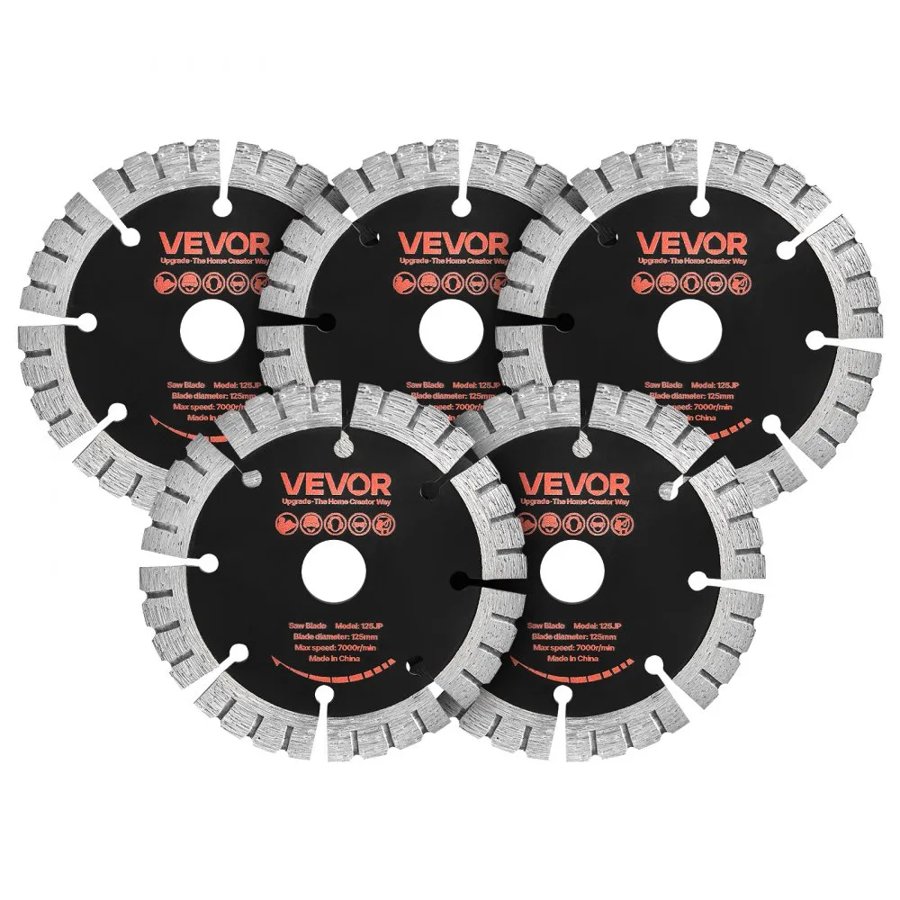 VEVOR Diamond Blades 125 mm, 5-Pack Wall Chaser Saw Blade Cutting Blade, 20 mm Arbor, High-Hardness Diamond Segments, 65Mn Steel Core, Dry Wet Cutting, Clean Edges for Concrete Brick Stone Cement