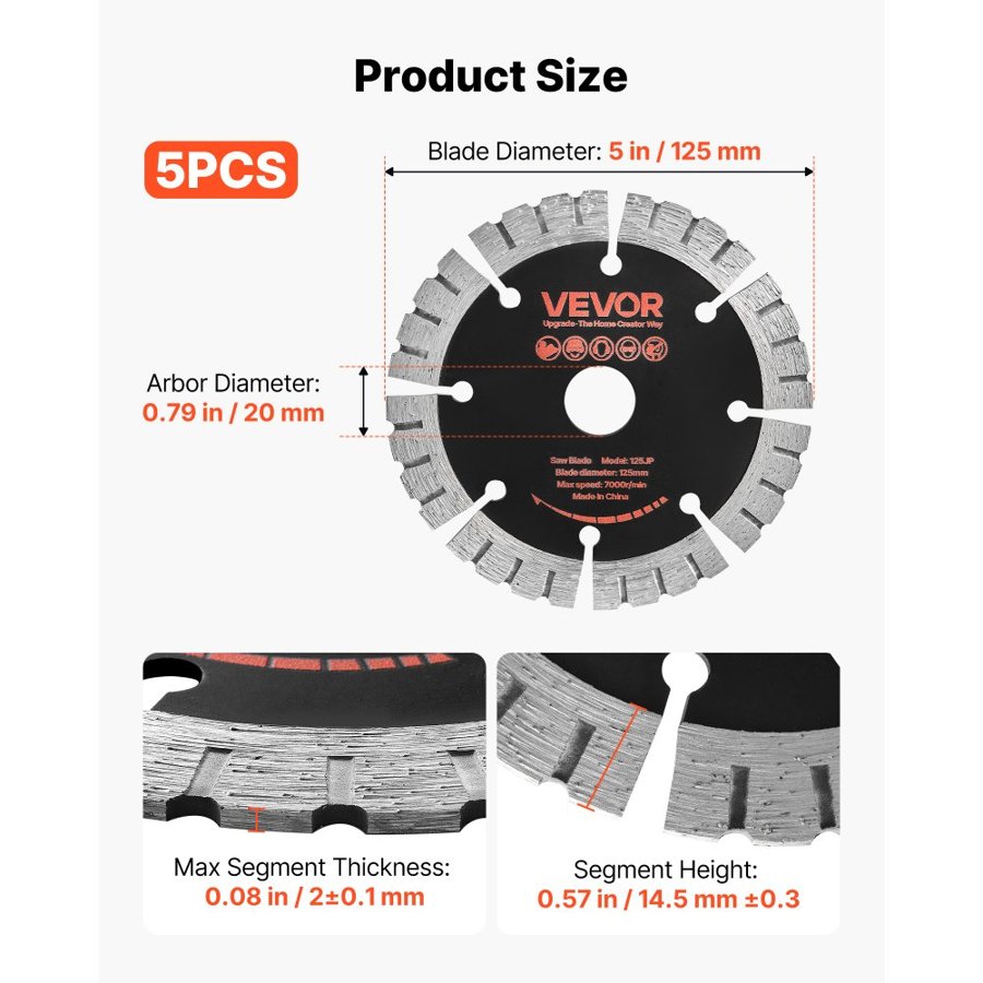 VEVOR Diamond Blades 125 mm, 5-Pack Wall Chaser Saw Blade Cutting Blade, 20 mm Arbor, High-Hardness Diamond Segments, 65Mn Steel Core, Dry Wet Cutting, Clean Edges for Concrete Brick Stone Cement