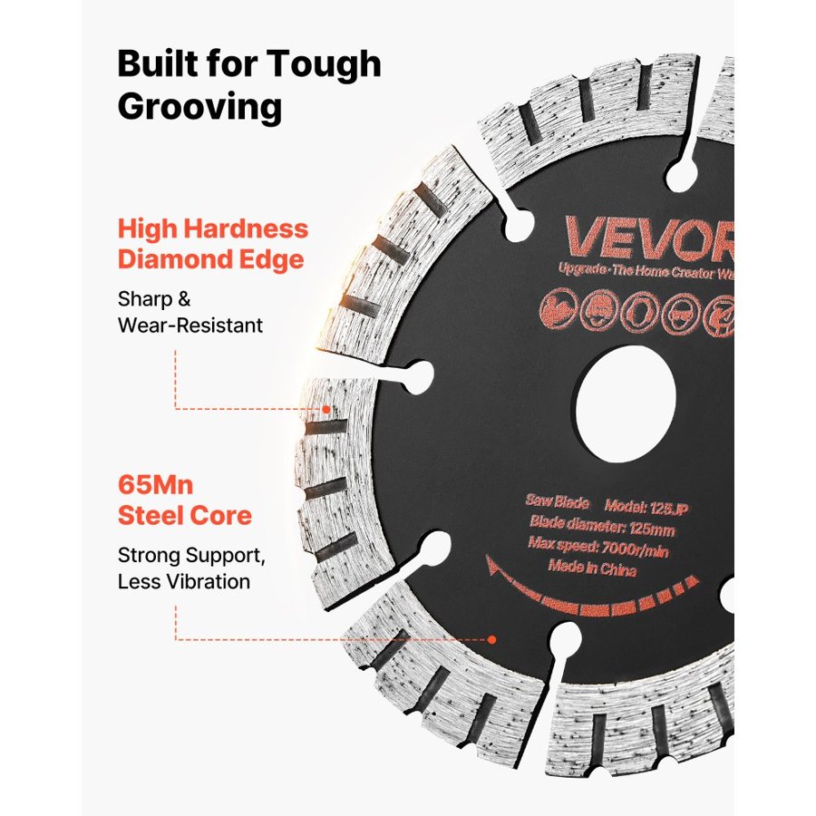 VEVOR Diamond Blades 125 mm, 5-Pack Wall Chaser Saw Blade Cutting Blade, 20 mm Arbor, High-Hardness Diamond Segments, 65Mn Steel Core, Dry Wet Cutting, Clean Edges for Concrete Brick Stone Cement