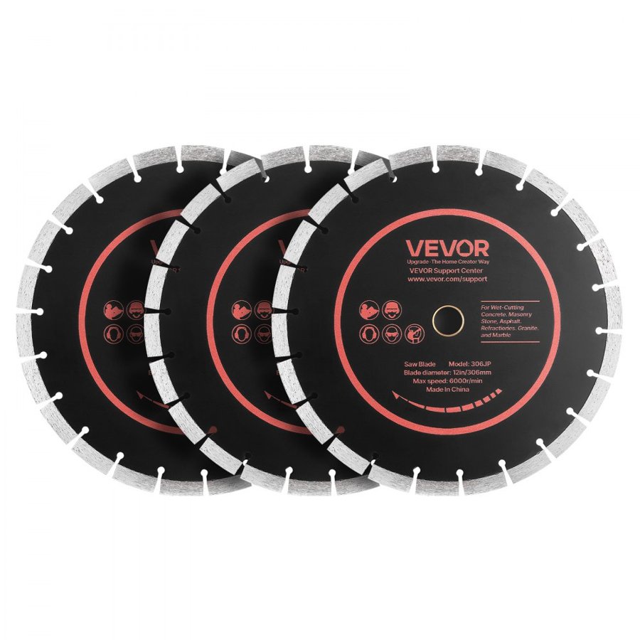 VEVOR Diamond Blades 306 mm, 3-Pack Concrete Saw Blade Set, 25.4 mm Arbor, High-Hardness Diamond Segments, 65Mn Steel Core, Dry Wet Cutting, Clean Edges for Concrete, Masonry, Brick, Stone, Granite