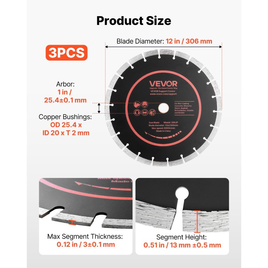 VEVOR Diamond Blades 306 mm, 3-Pack Concrete Saw Blade Set, 25.4 mm Arbor, High-Hardness Diamond Segments, 65Mn Steel Core, Dry Wet Cutting, Clean Edges for Concrete, Masonry, Brick, Stone, Granite