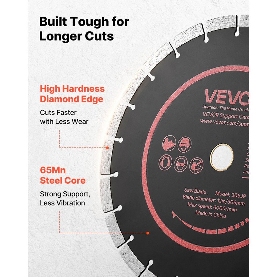 VEVOR Diamond Blades 306 mm, 3-Pack Concrete Saw Blade Set, 25.4 mm Arbor, High-Hardness Diamond Segments, 65Mn Steel Core, Dry Wet Cutting, Clean Edges for Concrete, Masonry, Brick, Stone, Granite