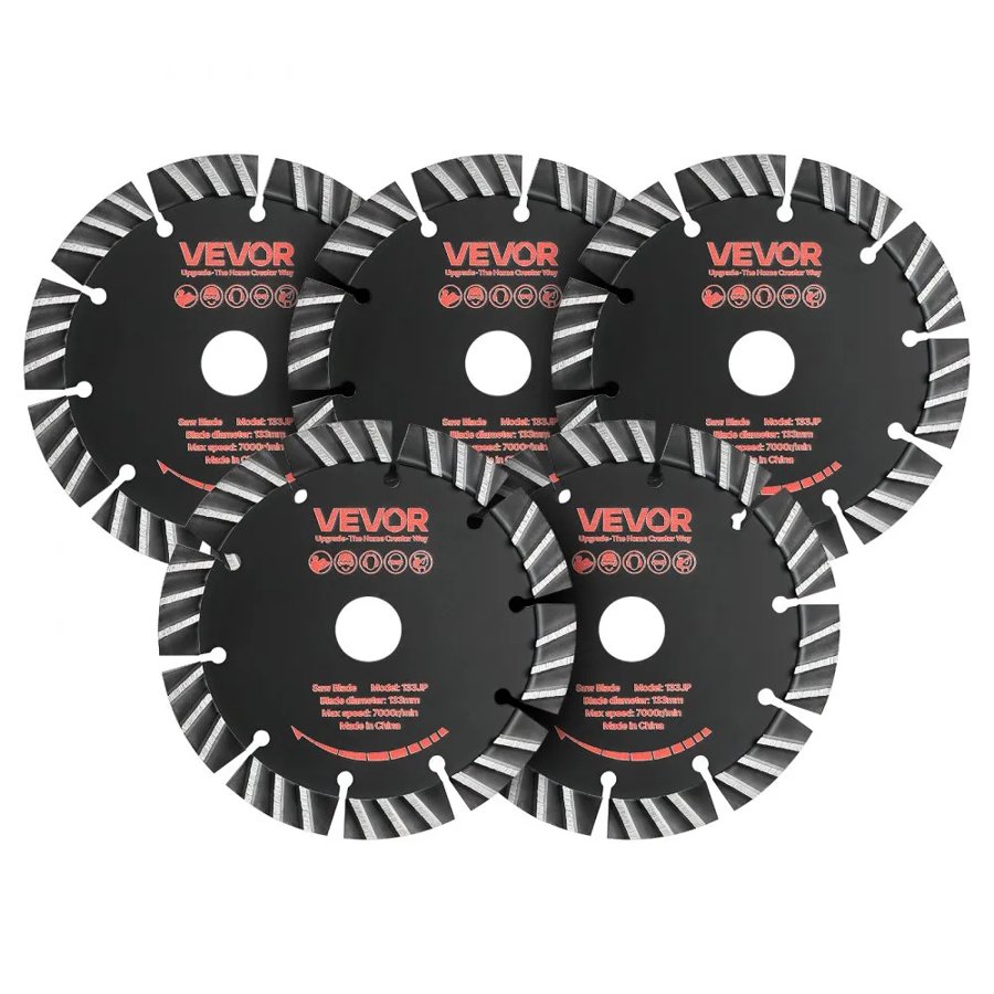 VEVOR Diamond Blades 133 mm, 5-Pack Wall Chaser Saw Blade Cutting Blade, 20 mm Arbor, High-Hardness Diamond Segments, 65Mn Steel Core, Dry Wet Cutting, Clean Edges for Concrete Brick Stone Cement