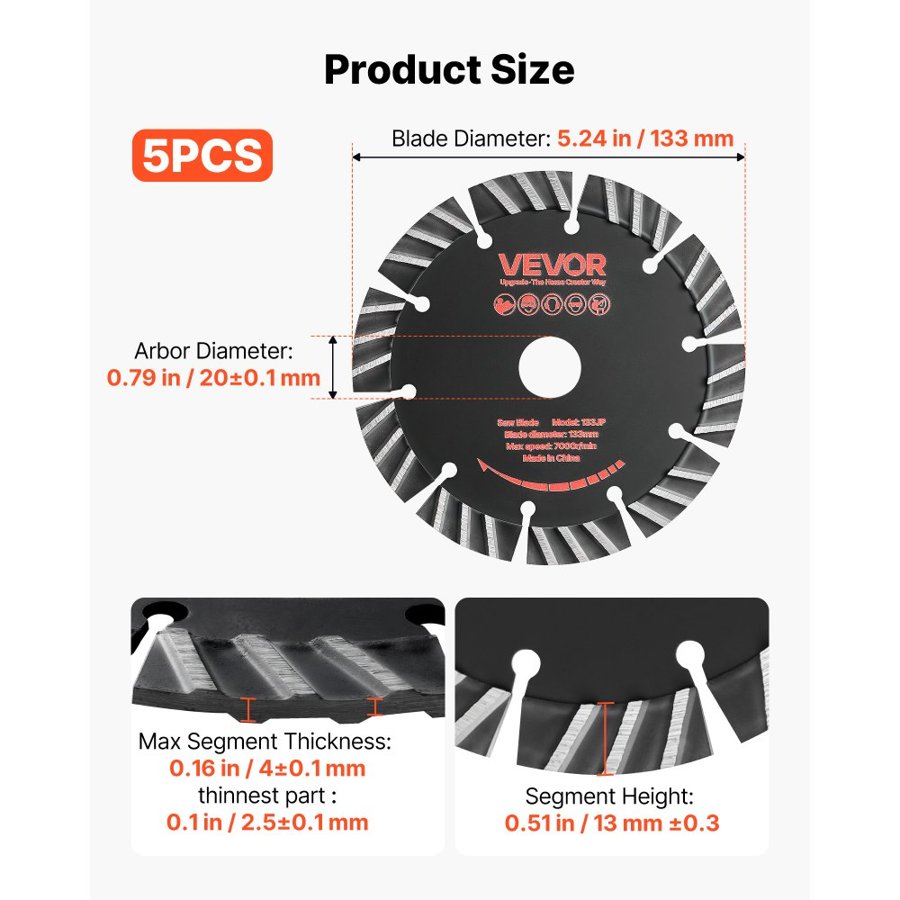 VEVOR Diamond Blades 133 mm, 5-Pack Wall Chaser Saw Blade Cutting Blade, 20 mm Arbor, High-Hardness Diamond Segments, 65Mn Steel Core, Dry Wet Cutting, Clean Edges for Concrete Brick Stone Cement