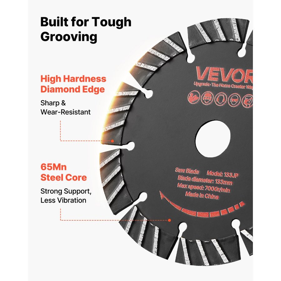 VEVOR Diamond Blades 133 mm, 5-Pack Wall Chaser Saw Blade Cutting Blade, 20 mm Arbor, High-Hardness Diamond Segments, 65Mn Steel Core, Dry Wet Cutting, Clean Edges for Concrete Brick Stone Cement
