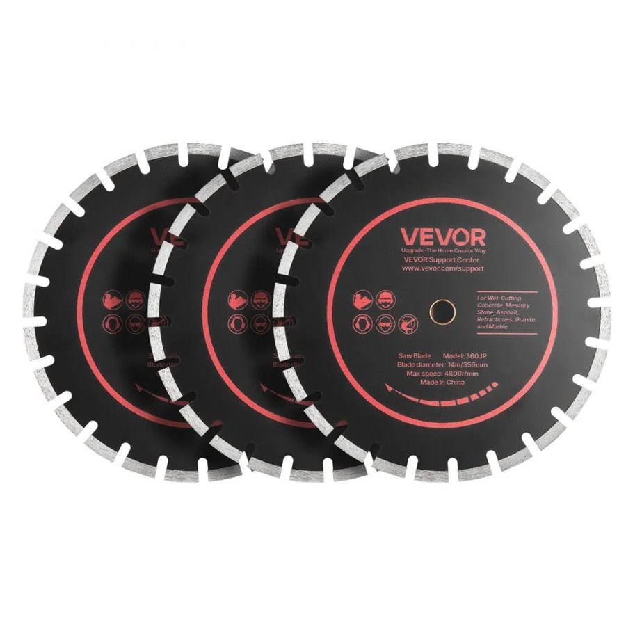 VEVOR Diamond Blades 359 mm, 3-Pack Concrete Saw Blade Set, 25.4 mm Arbor, High-Hardness Diamond Segments, 65Mn Steel Core, Dry Wet Cutting, Clean Edges for Concrete, Masonry, Brick, Stone, Granite