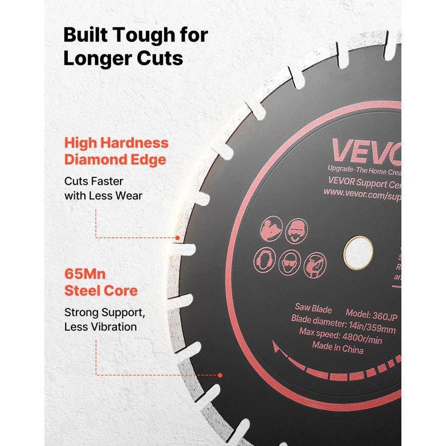 VEVOR Diamond Blades 359 mm, 3-Pack Concrete Saw Blade Set, 25.4 mm Arbor, High-Hardness Diamond Segments, 65Mn Steel Core, Dry Wet Cutting, Clean Edges for Concrete, Masonry, Brick, Stone, Granite