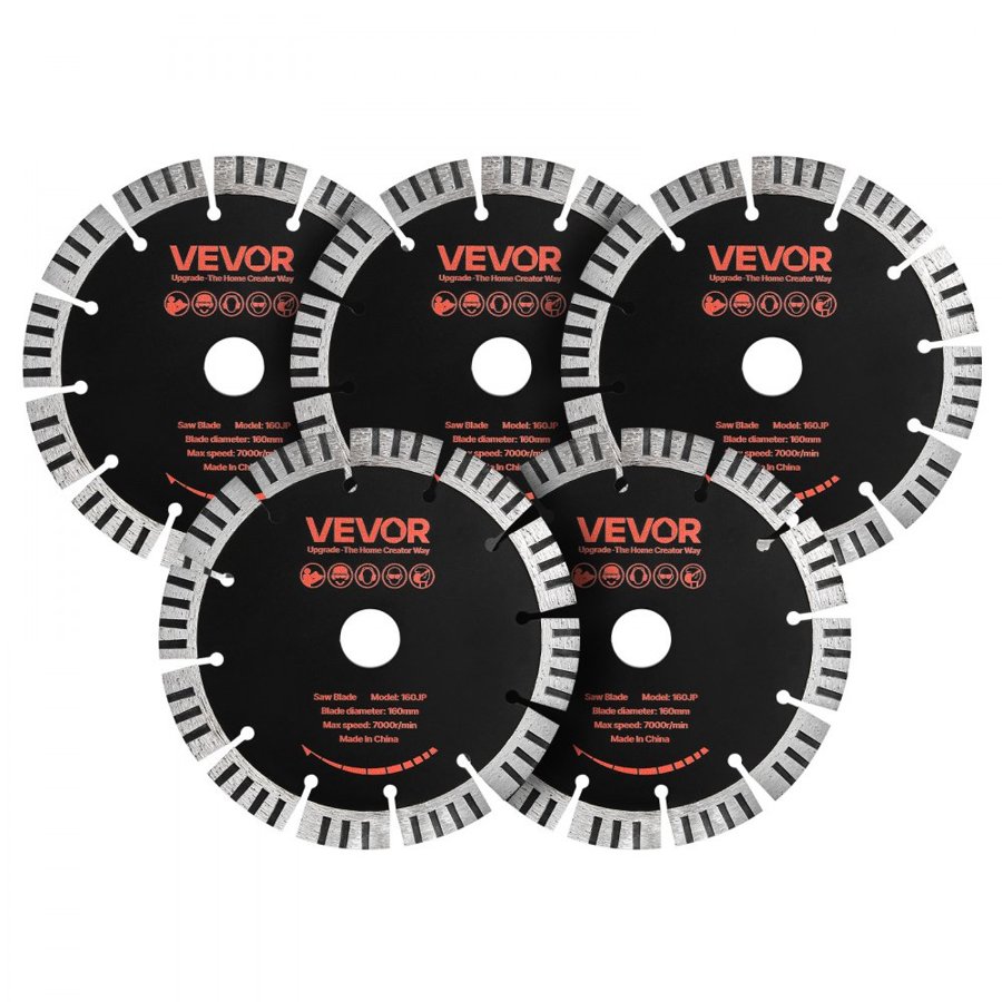 VEVOR Diamond Blades 160 mm, 5-Pack Wall Chaser Saw Blade Cutting Blade, 22.2 mm Arbor, High-Hardness Diamond Segments, 65Mn Steel Core, Dry Wet Cutting, Clean Edges for Concrete Brick Stone Cement