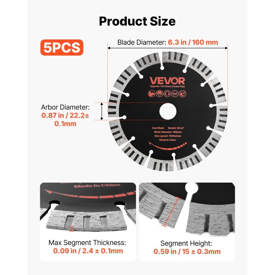 VEVOR Diamond Blades 160 mm, 5-Pack Wall Chaser Saw Blade Cutting Blade, 22.2 mm Arbor, High-Hardness Diamond Segments, 65Mn Steel Core, Dry Wet Cutting, Clean Edges for Concrete Brick Stone Cement