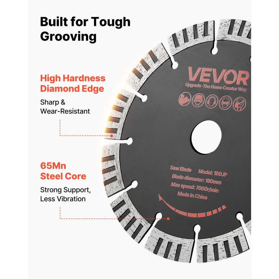 VEVOR Diamond Blades 160 mm, 5-Pack Wall Chaser Saw Blade Cutting Blade, 22.2 mm Arbor, High-Hardness Diamond Segments, 65Mn Steel Core, Dry Wet Cutting, Clean Edges for Concrete Brick Stone Cement