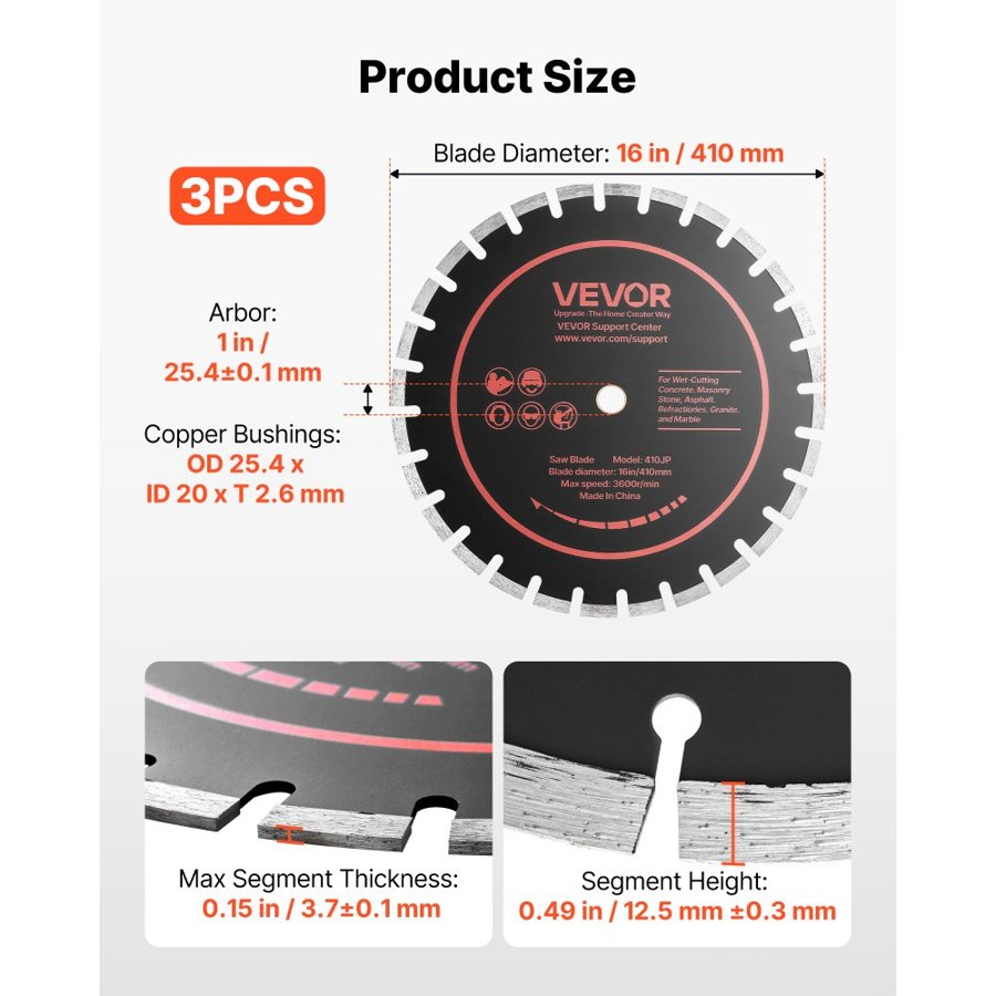 VEVOR Diamond Blades 410 mm, 3-Pack Concrete Saw Blade Set, 25.4 mm Arbor, High-Hardness Diamond Segments, 65Mn Steel Core, Dry Wet Cutting, Clean Edges for Concrete, Masonry, Brick, Stone, Granite