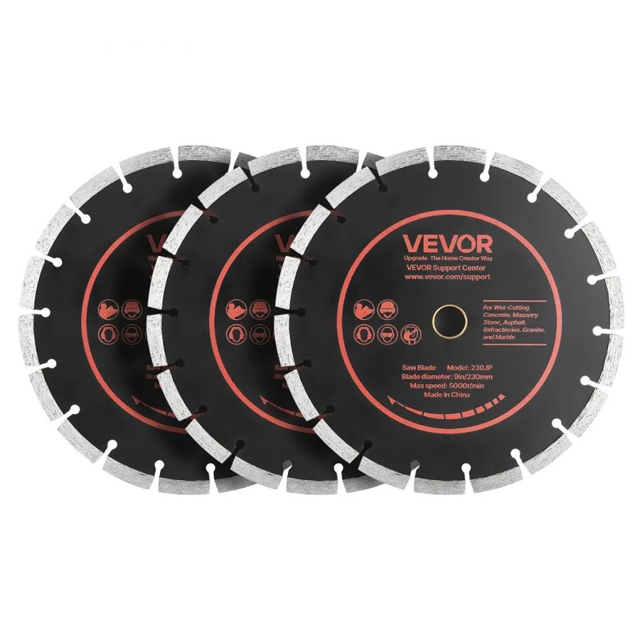 VEVOR Diamond Blades 230 mm, 3-Pack Concrete Saw Blade Set, 22.2 mm Arbor, High-Hardness Diamond Segments, 65Mn Steel Core, Dry Wet Cutting, Clean Edges for Concrete, Masonry, Brick, Stone, Granite