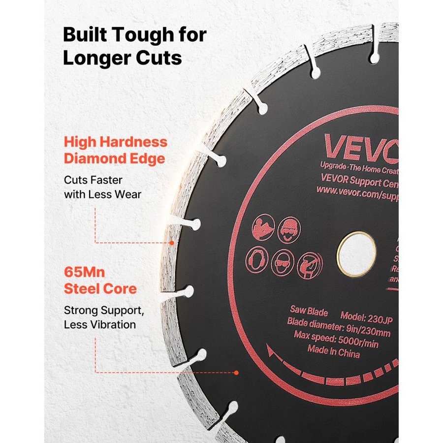 VEVOR Diamond Blades 230 mm, 3-Pack Concrete Saw Blade Set, 22.2 mm Arbor, High-Hardness Diamond Segments, 65Mn Steel Core, Dry Wet Cutting, Clean Edges for Concrete, Masonry, Brick, Stone, Granite