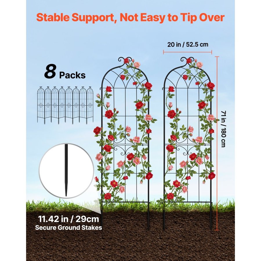 VEVOR Garden Trellis, 180 x 52.5 cm Rose Trellis, 8Packs Garden Flower Rose Trellises with Powder-Coated Finish & Convenient Locking Design, Plant Support Trellises for Flowers, Vegetables, Roses