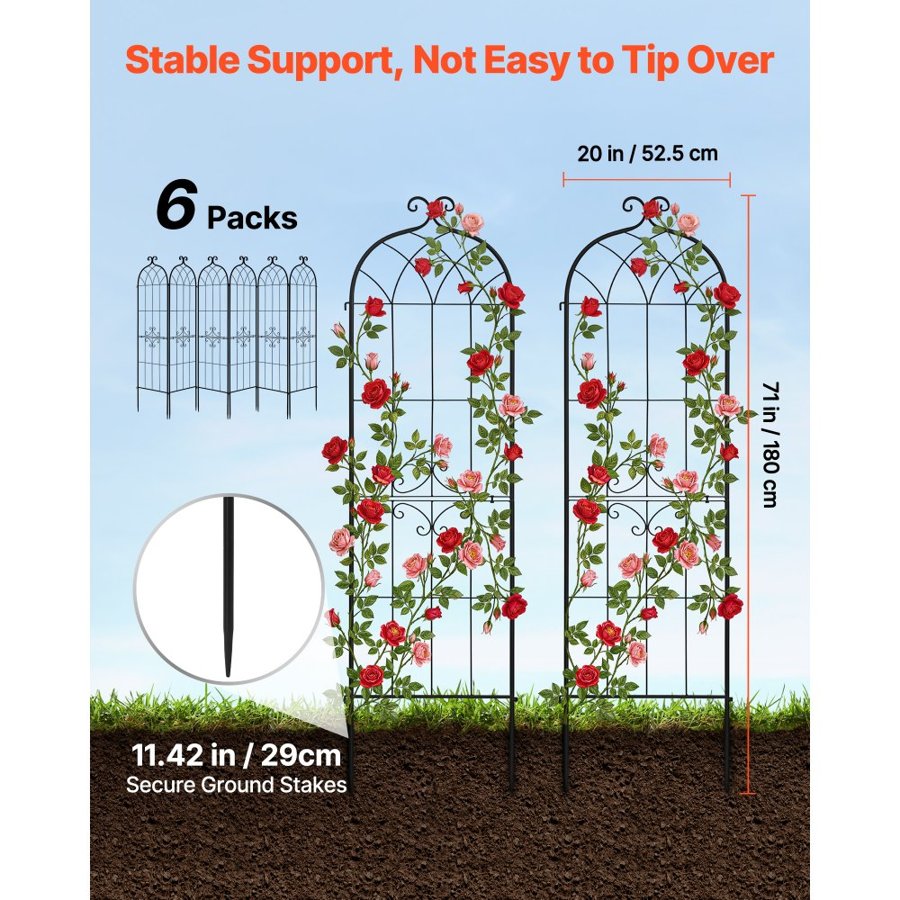 VEVOR Garden Trellis, 180 x 52.5 cm Rose Trellis, 6 Packs Garden Flower Rose Trellises with Powder-Coated Finish & Convenient Locking Design, Plant Support Trellises for Flowers, Vegetables, Roses