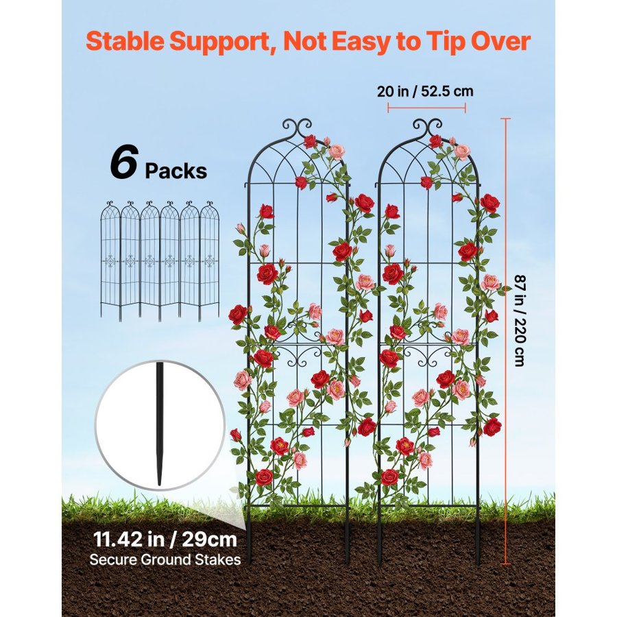 VEVOR Garden Trellis, 220 x 52.5 cm Rose Trellis, 6 Packs Garden Flower Rose Trellises with Powder-Coated Finish & Convenient Locking Design, Plant Support Trellises for Flowers, Vegetables, Roses