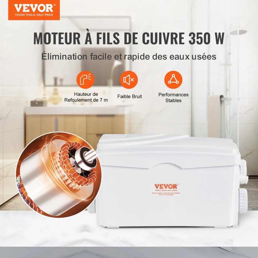 VEVOR Upflush Pump for Sink – 350W, 23 ft Head, 6000 L/h
