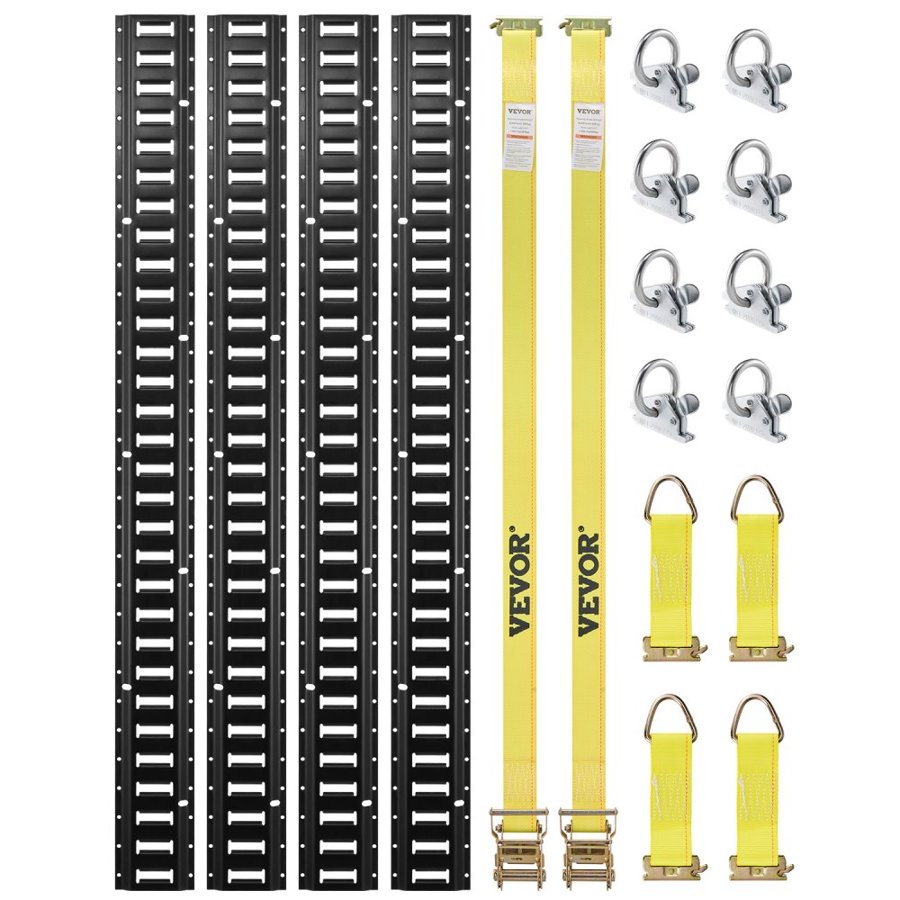 VEVOR E Track Tie-Down Rail Kit, 18PCS 5' E-Tracks Set Includes 4 Steel Rails & 8 O-Ring Anchors & 4 Tie-Offs with D-Ring & 2 Ratchet Straps, Securing Accessories for Cargo Motorcycles Bikes, 2000 lbs