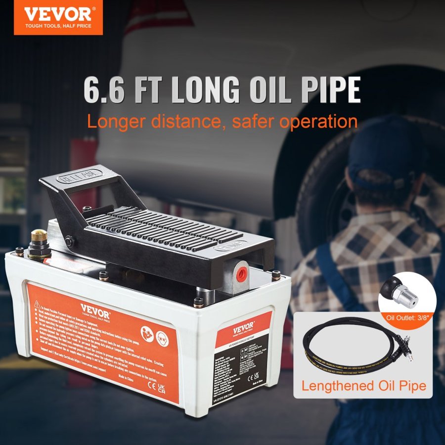 VEVOR Air Hydraulic Pump, 6895 bar 1.9L Reservoir, NPT 10mm Oil Outlet, NPT 6.4 mm Inlet, 2m Pipe, Foot Actuated Hydraulic Pump Air Treadle for Auto Body Frame Machines and Pulling Post, Gray