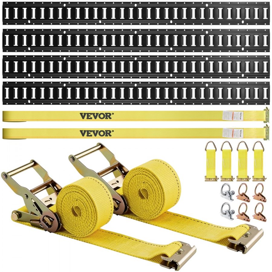 VEVOR E Track Tie-Down Rail Kit, 18PCS 152.4 cm E-Tracks Set Includes 4 Steel Rails & 2 Single Slot & 6 O Rings & 4 Tie-Offs w/ D-Ring & 2 Ratchet Straps, Securing Accessories for Cargo Motorcycles Bikes