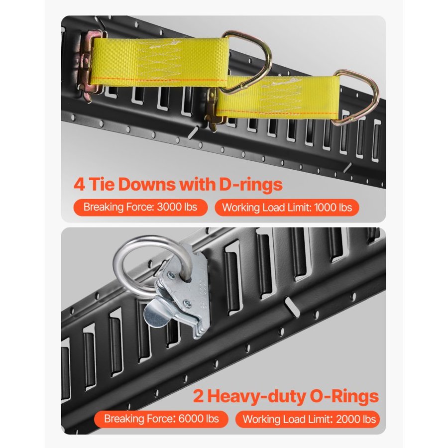 VEVOR E Track Tie-Down Rail Kit, 18PCS 152.4 cm E-Tracks Set Includes 4 Steel Rails & 2 Single Slot & 6 O Rings & 4 Tie-Offs w/ D-Ring & 2 Ratchet Straps, Securing Accessories for Cargo Motorcycles Bikes