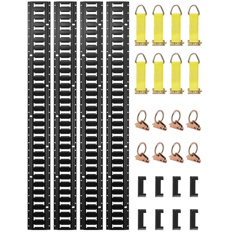 VEVOR E Track Tie-Down Rail Kit, 30PCS 152.4 cm E-Tracks Set Includes 4 Steel Rails & 2 Single Slot & 8 O Rings & 8 Tie-Offs w/ D-Ring & 8 End Caps, Securing Accessories for Cargo, Motorcycles, and Bikes