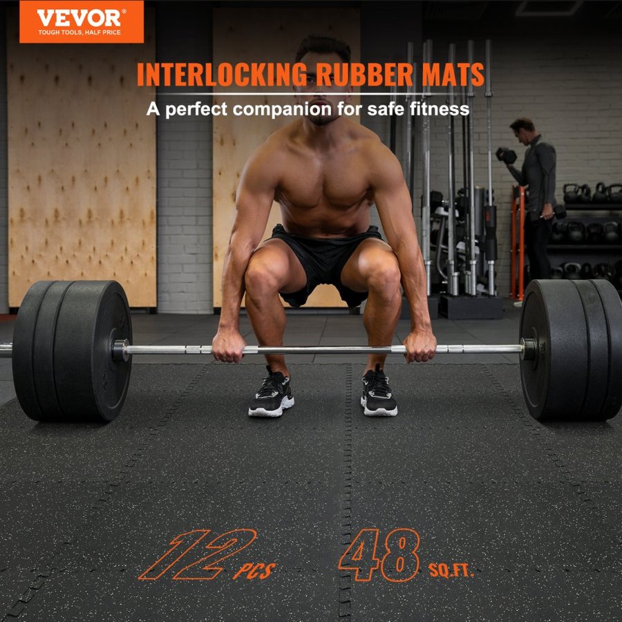 VEVOR 12 PCS 12.70 mm Thick Gym Floor Mats, 60.96 x 60.96 cm EVA Foam & Rubber Top Interlocking Workout Floor Mats with 4.46 m² Coverage, Waterproof Exercise Puzzle Flooring for Gym, Home, Garage, Basement