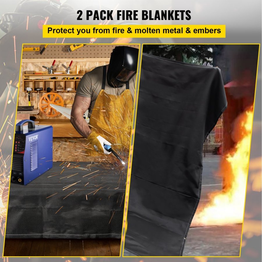 VEVOR Fire Blankets, 2 Pack Welding Blankets, 2.4 x 3 m Fire Suppression Blanket, 550°C Flame Retardant Blanket, Black Fire Emergency Blankets, Fiberglass Fire Retardant Blanket with 12 Brass Grommets