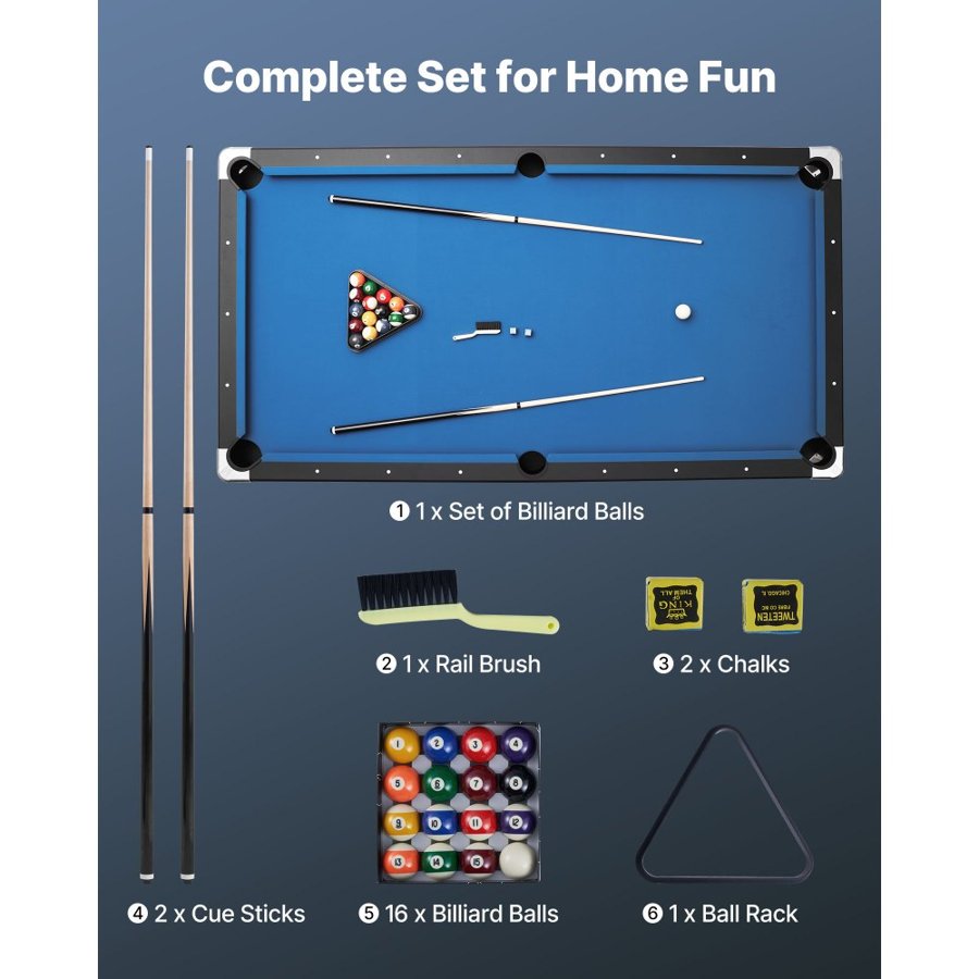 VEVOR Pool Table, 244cm Portable Billiards Tables with Wood Finish, Modern Adjustable Feet Game Table, Full Set Includes Balls, Cues, Rack, Chalk and Brush, Blue Cloth, for Family Use, Recreation Room