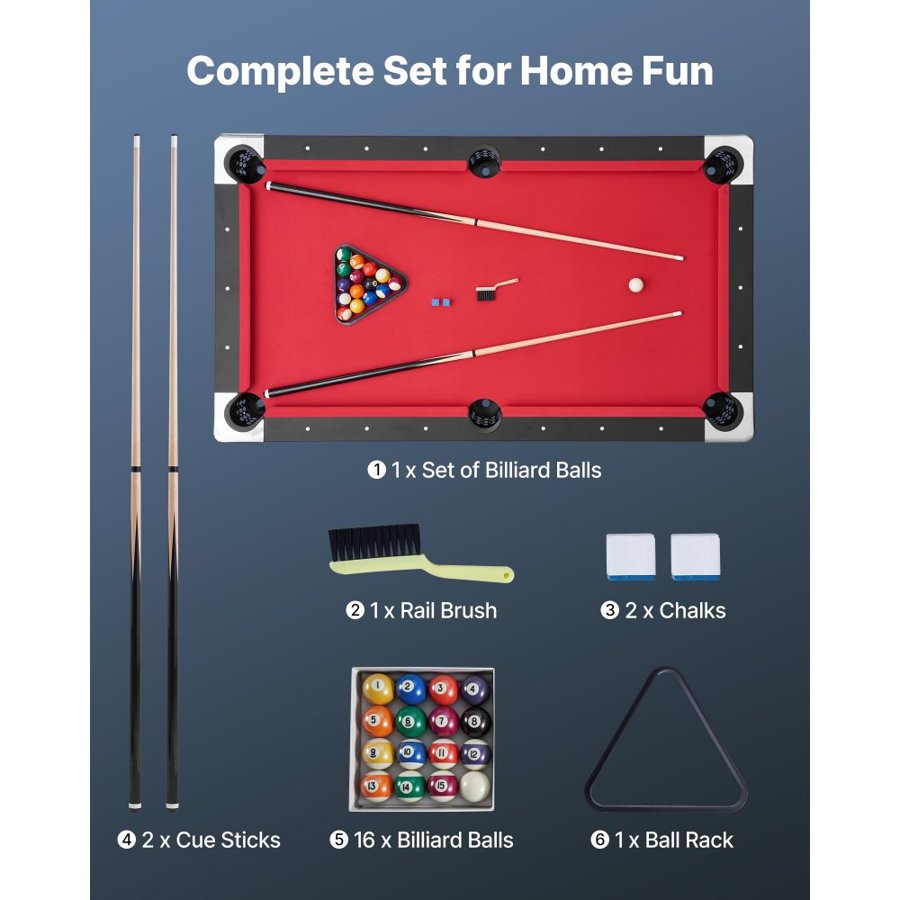 VEVOR Pool Table, 183cm Portable Billiards Tables, Adjustable Feet Stable Game Table, Entertainment Set Includes Ball, Cue, Rack, Chalk and Brush, Black with Red Cloth, for Family Use, Recreation Room