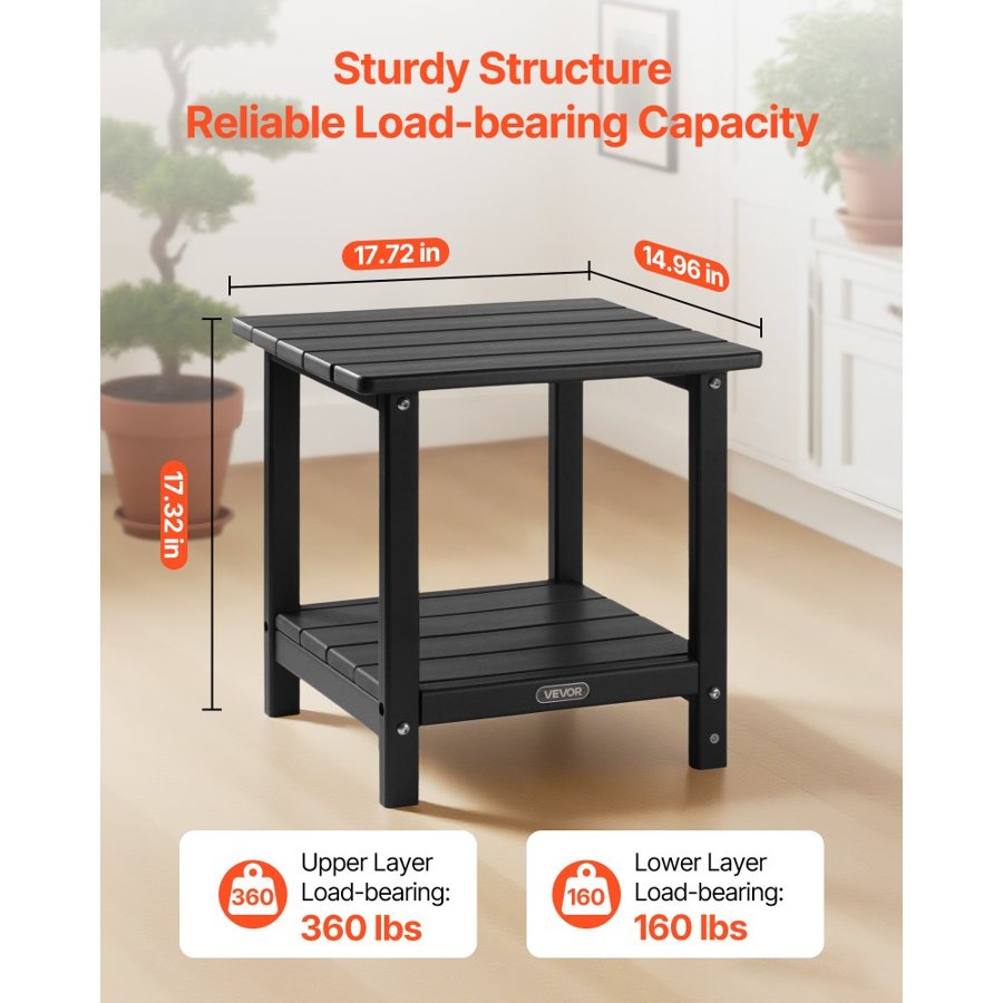 VEVOR Black Plastic Outdoor Side Table – 2-Tier HDPE