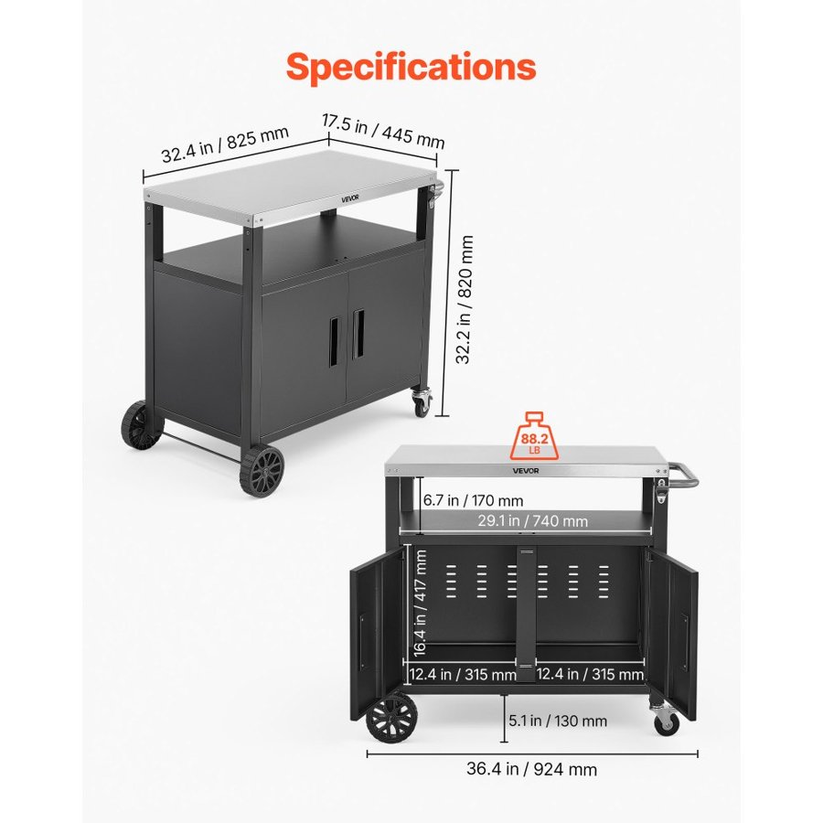 VEVOR Outdoor Grill Cart with Storage Cabinet, 92 cm Grill Table, Waterproof Kitchen Island with Stainless Steel Top, Shelf, and Wheels, Movable Food Prep Station for Patio Bar Backyard BBQ