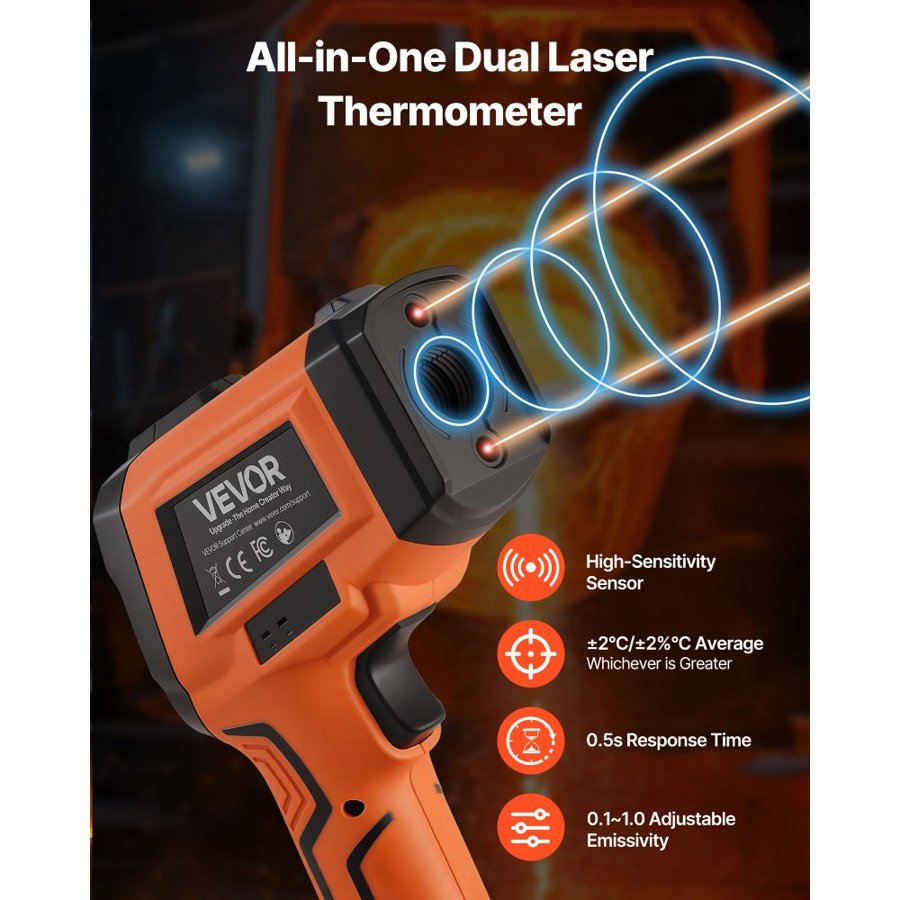 VEVOR Infrared Thermometer, -30℃ to 1200℃ Dual-Mode IR Thermometer Gun with K-Type Thermocouple, Dual Laser Heat Temperature Gun Non-Contact for Cooking/Griddle/Engine/Industrial Use (Not for Human)