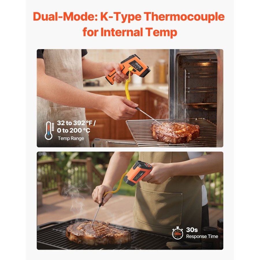 VEVOR Infrared Thermometer, -30℃ to 1200℃ Dual-Mode IR Thermometer Gun with K-Type Thermocouple, Dual Laser Heat Temperature Gun Non-Contact for Cooking/Griddle/Engine/Industrial Use (Not for Human)