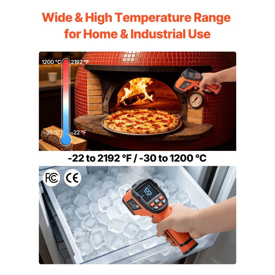 VEVOR Infrared Thermometer, -30℃ to 1200℃ Dual-Mode IR Thermometer Gun with K-Type Thermocouple, Dual Laser Heat Temperature Gun Non-Contact for Cooking/Griddle/Engine/Industrial Use (Not for Human)