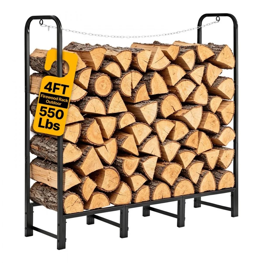 VEVOR Firewood Rack 1220 mm 1/4 Cord Heavy Duty Outdoor Wood Storage Holder, for Fireplace Patio Deck, 250 kg Load Capacity, Carbon Steel Frame Fire Log Stacker Stand, Metal Wood Pile Organizer, Black