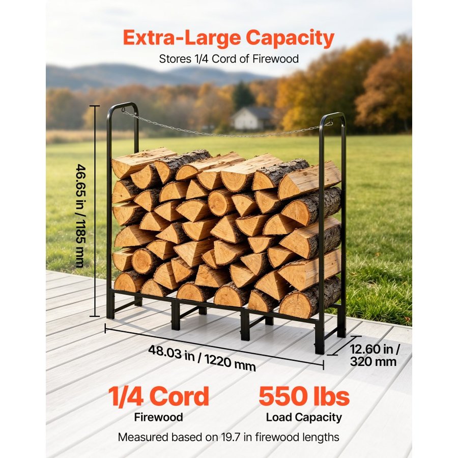 VEVOR Firewood Rack 1220 mm 1/4 Cord Heavy Duty Outdoor Wood Storage Holder, for Fireplace Patio Deck, 250 kg Load Capacity, Carbon Steel Frame Fire Log Stacker Stand, Metal Wood Pile Organizer, Black