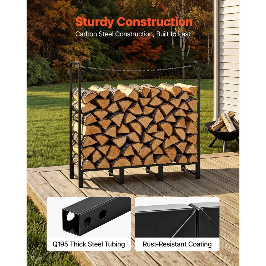 VEVOR Firewood Rack 1220 mm 1/4 Cord Heavy Duty Outdoor Wood Storage Holder, for Fireplace Patio Deck, 250 kg Load Capacity, Carbon Steel Frame Fire Log Stacker Stand, Metal Wood Pile Organizer, Black