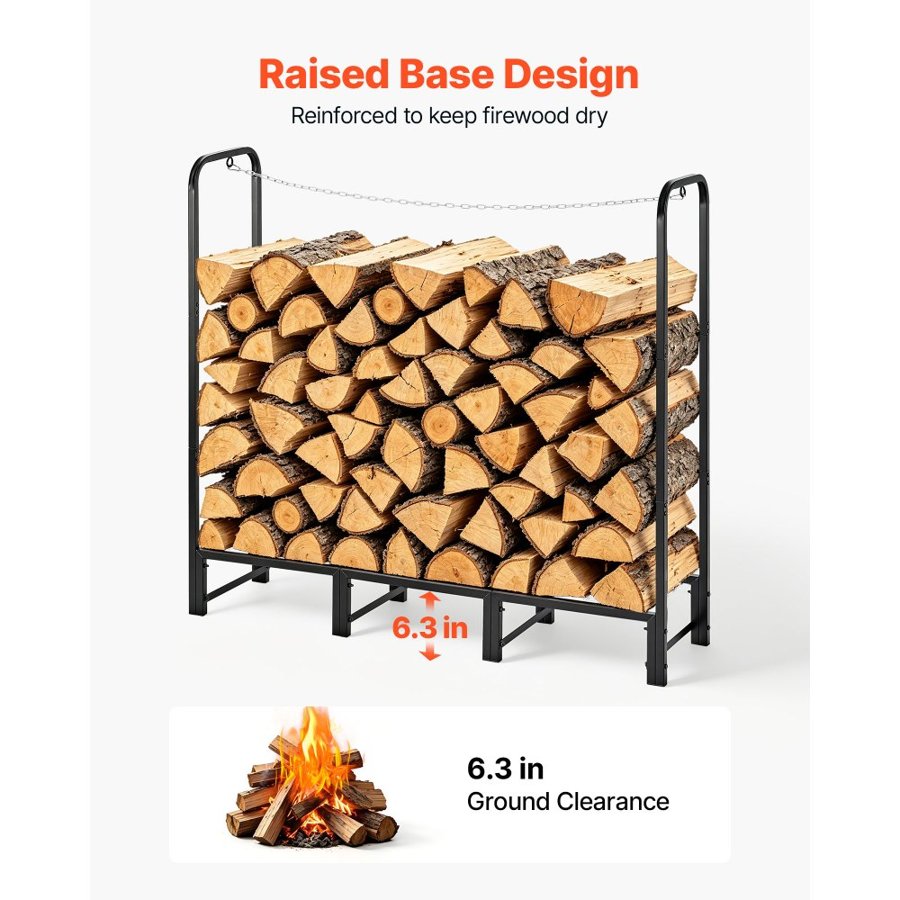 VEVOR Firewood Rack 1220 mm 1/4 Cord Heavy Duty Outdoor Wood Storage Holder, for Fireplace Patio Deck, 250 kg Load Capacity, Carbon Steel Frame Fire Log Stacker Stand, Metal Wood Pile Organizer, Black