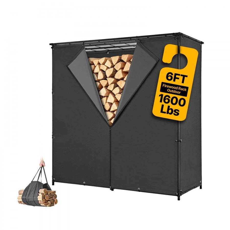 VEVOR Firewood Rack with Waterproof Cover 1855 mm Outdoor Wood Storage, for Fireplace Patio Deck, 730 kg Load, 3/8 Cord Heavy Duty Fire Log Holder Stacker Stand, Metal Wood Pile Organizer, Black