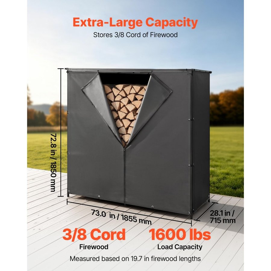 VEVOR Firewood Rack with Waterproof Cover 1855 mm Outdoor Wood Storage, for Fireplace Patio Deck, 730 kg Load, 3/8 Cord Heavy Duty Fire Log Holder Stacker Stand, Metal Wood Pile Organizer, Black